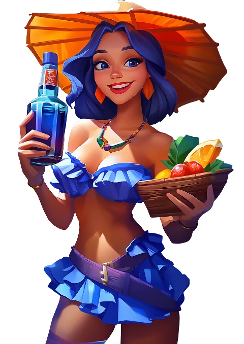 Девушка на пляже с бутылкой Водка казино